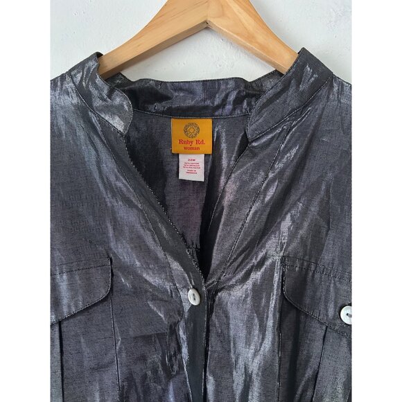 Ruby Rd. Metallic Button-Down Shirt For Women 3X Shiny Black Gray Cotton Blend - Picture 3 of 9